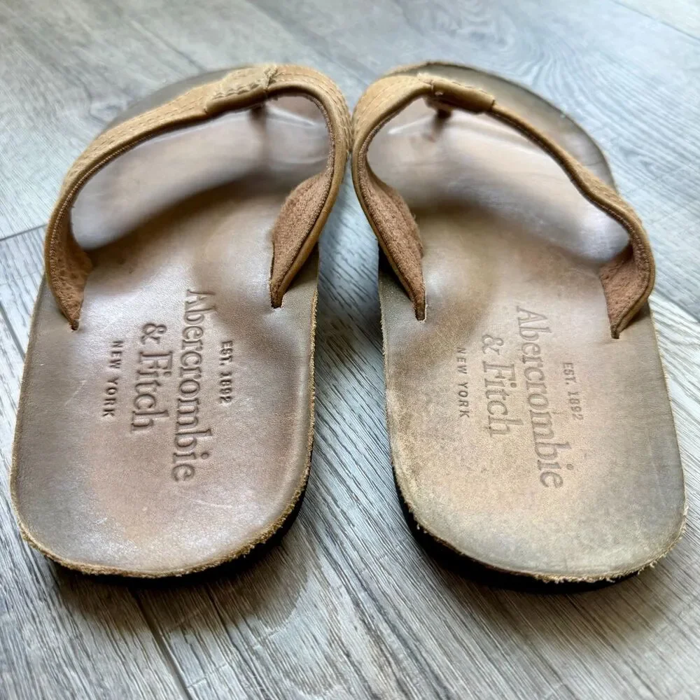Abercrombie & Fitch Mens Leather Arch Support Flip Flop Sandals Tan